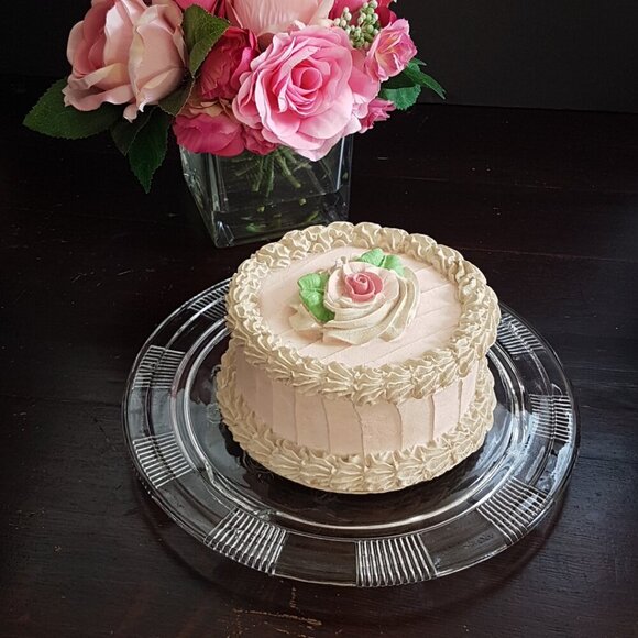 1930s Federal Depression Glass Cake Stand - Sharon or Cabbage Rose Pattern Pedes - Picture 3 of 8